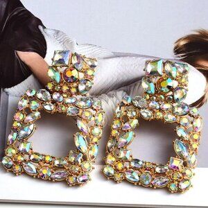 Huge Hoops AB Crystal Earrings Festive Holiday Gift NWT Club Party Christmas